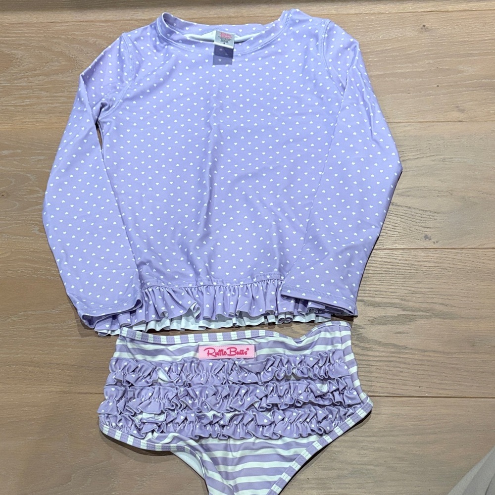 Ruffle Butts Size 8 Purple Polka Dot and Striped Swim Set.